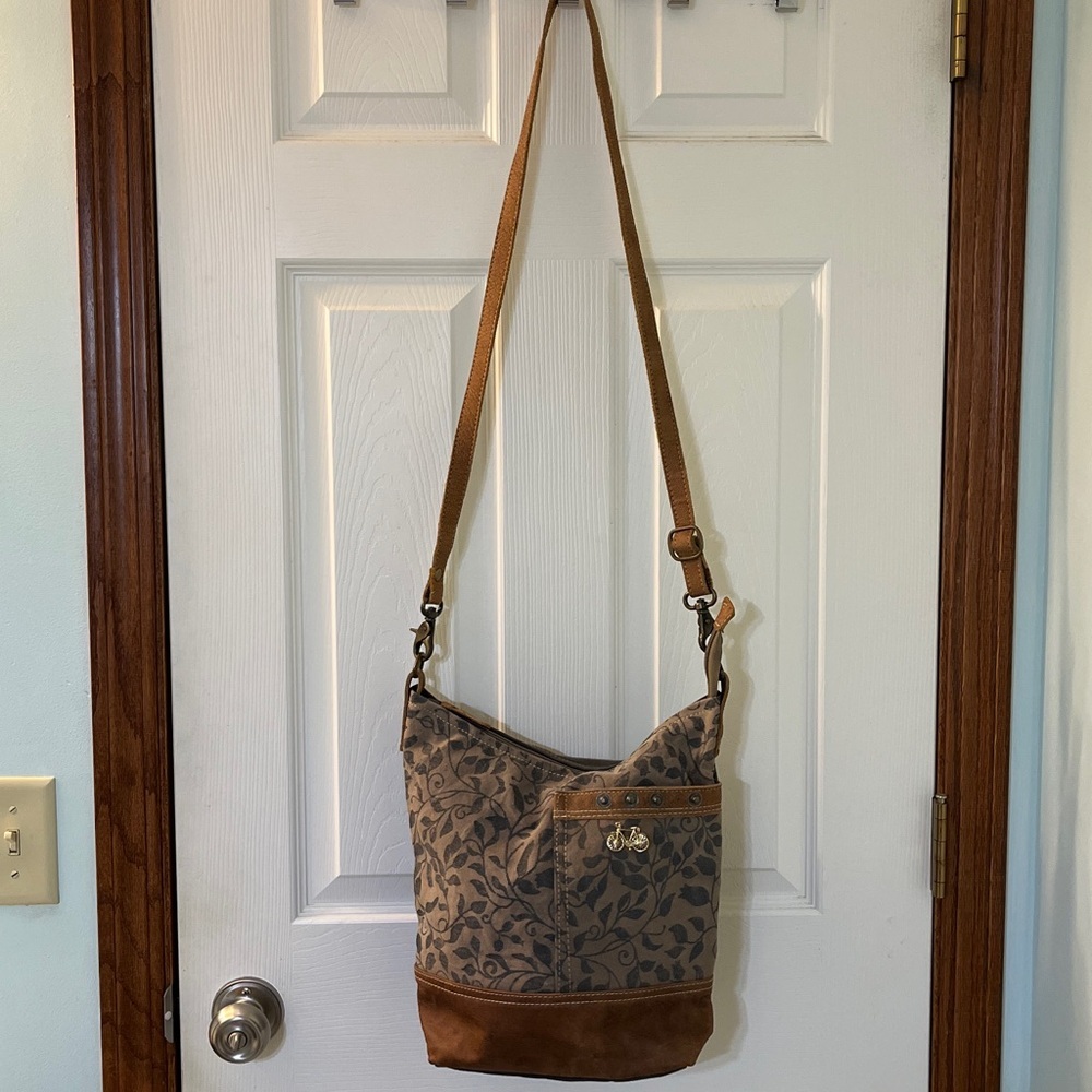 Myra Bag S-1305 Crossbody Leaf Print Canvas Bag w/ Leather Trim & Gold Bike Pin - Picture 15 of 16